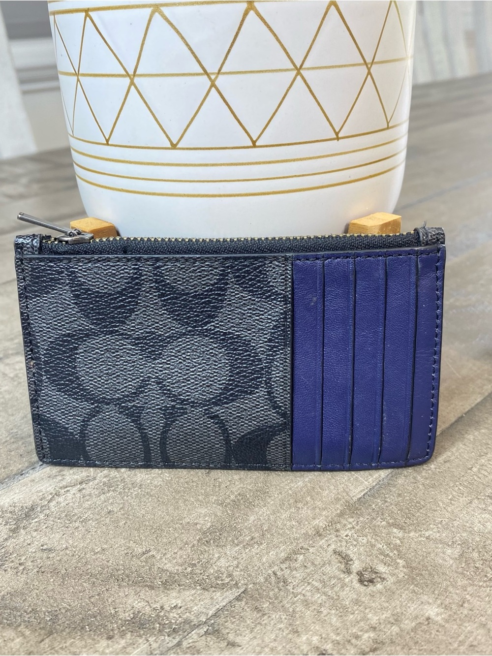 Coach Men's Zip Card Case In Signature Canvas Charcoal Blue Multi Wallet